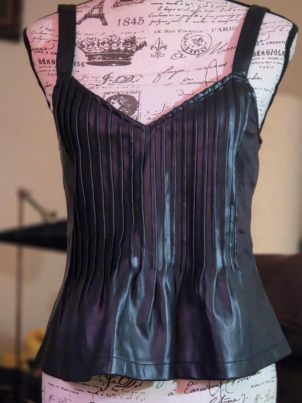Versona Black Pleated Faux Leather Tank Top